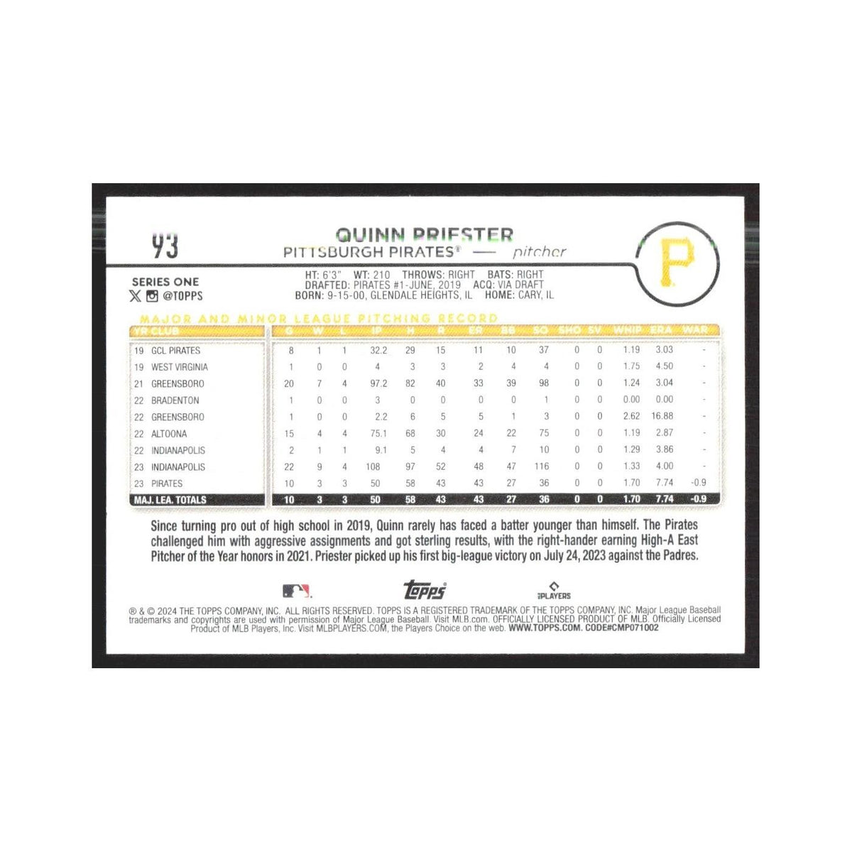 2024 Topps Quinn Priester RC Pirates #93