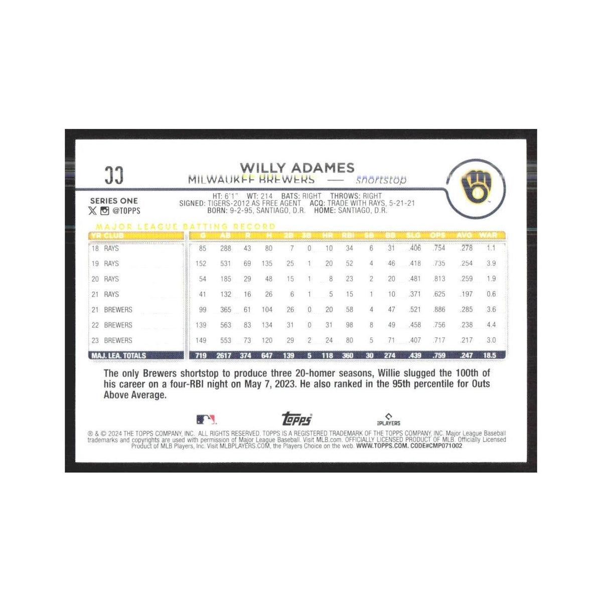 2024 Topps Willy Adames Brewers #33