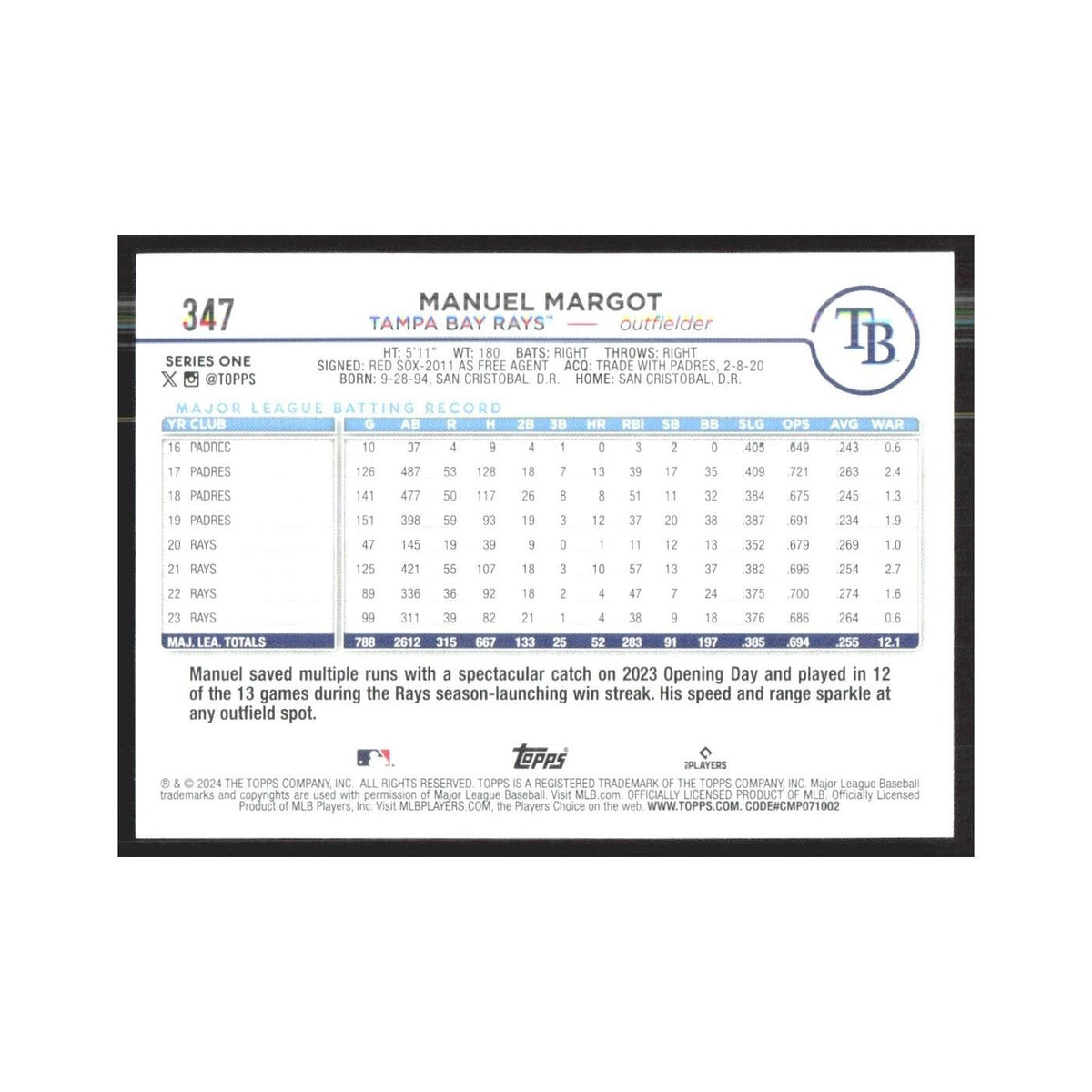 2024 Topps Manuel Margot Rays #347