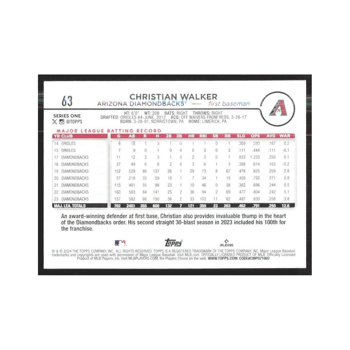 2024 Topps Christian Walker Diamondbacks #63