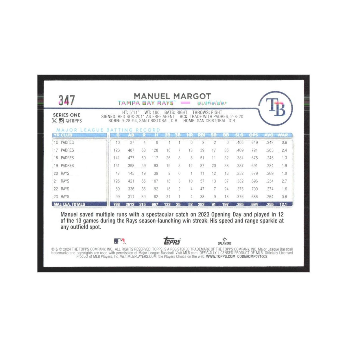 2024 Topps Manuel Margot Rays #347
