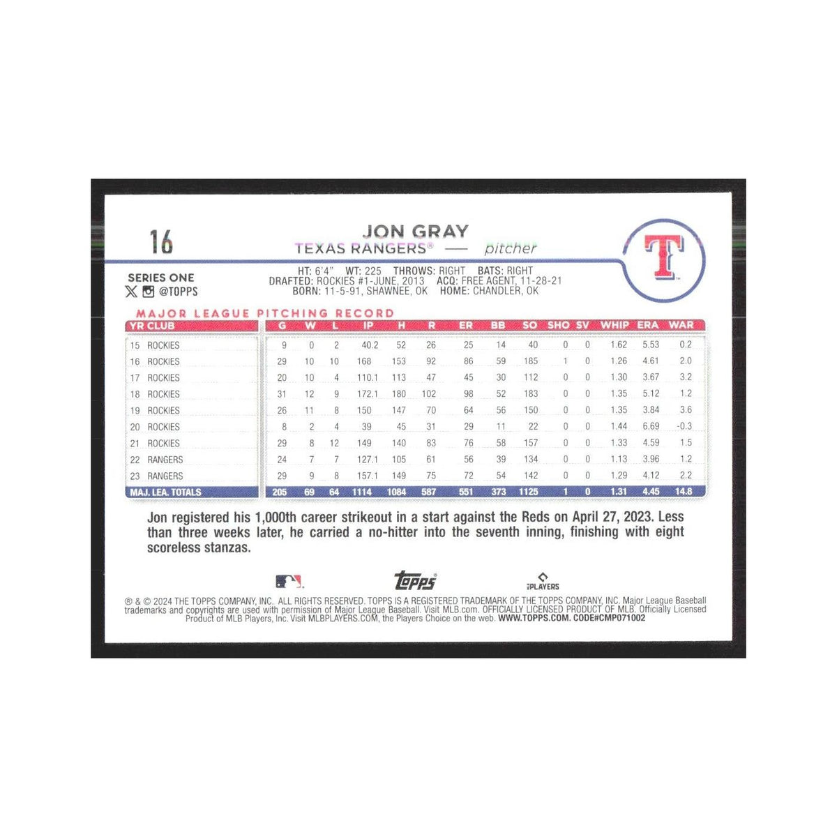 2024 Topps Jon Gray Rangers #16