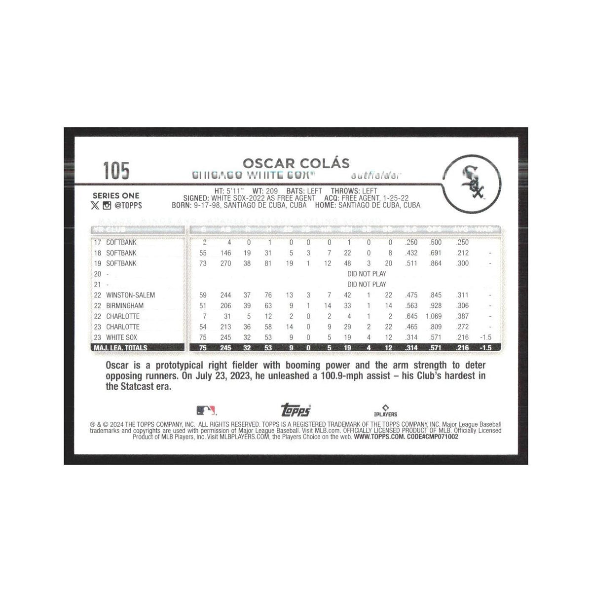 2024 Topps Oscar Colas White Sox #105