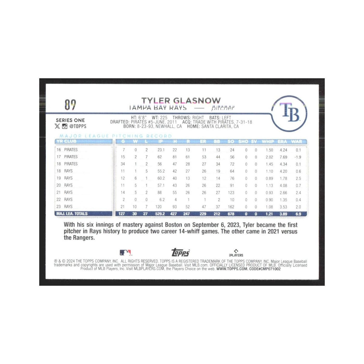2024 Topps Tyler Glasnow Rays #89