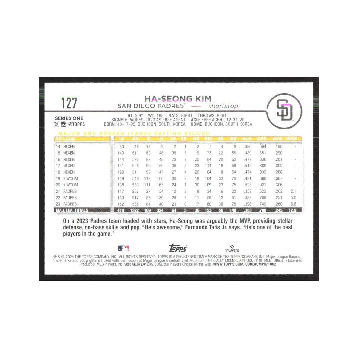 2024 Topps Ha-Seong Kim Padres #127