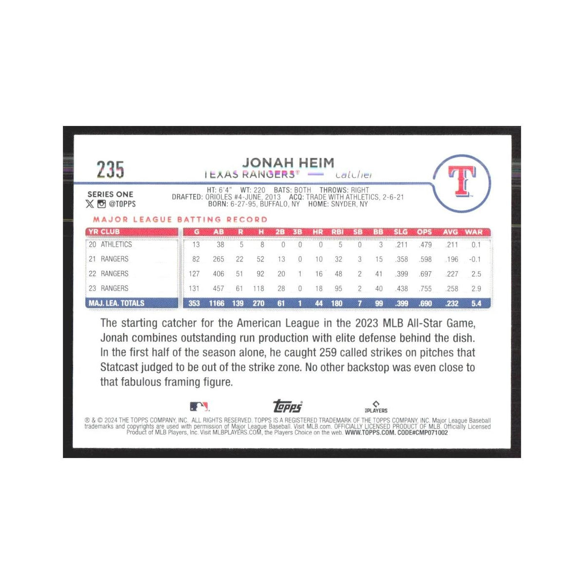 2024 Topps Jonah Heim Rangers #235