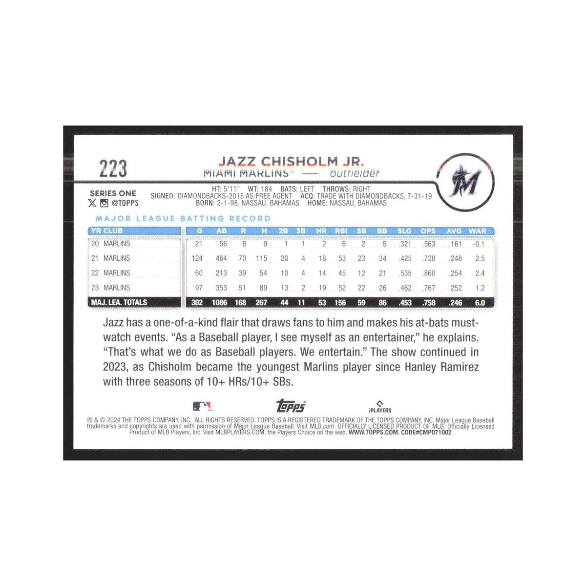 2024 Topps Jazz Chisholm Jr. Marlins #223