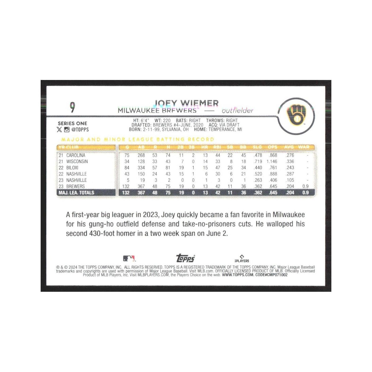 2024 Topps Joey Wiemer Brewers #9
