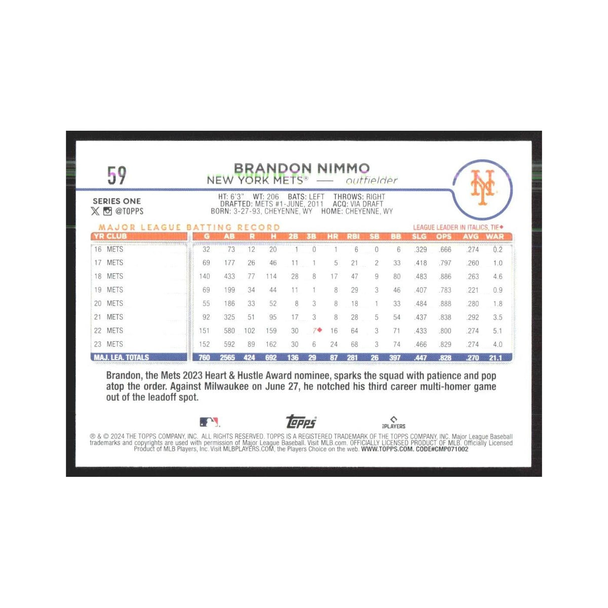 2024 Topps Brandon Nimmo Mets #59