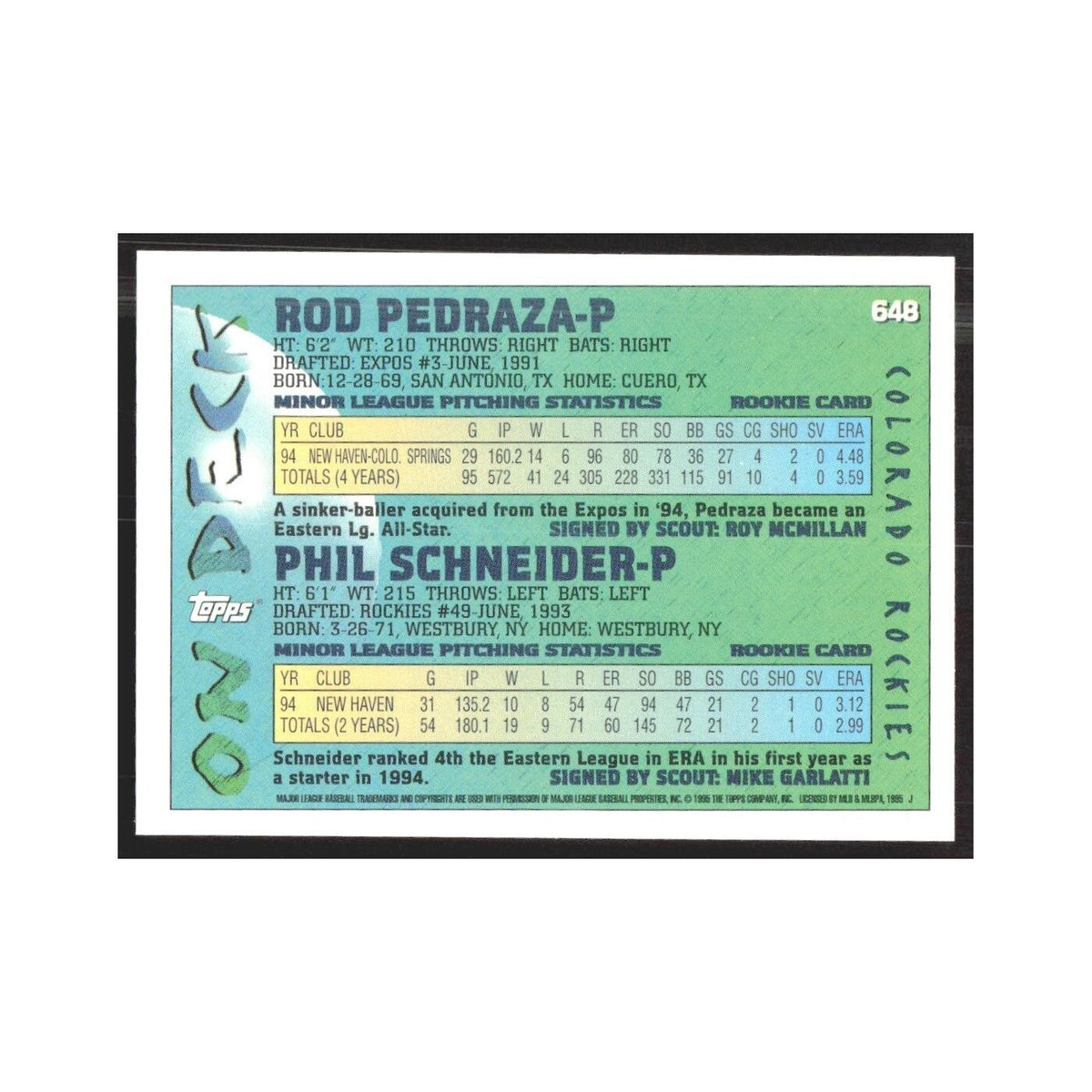 1995 Topps Rod Pedraza/Phil Schneider Rockies #648