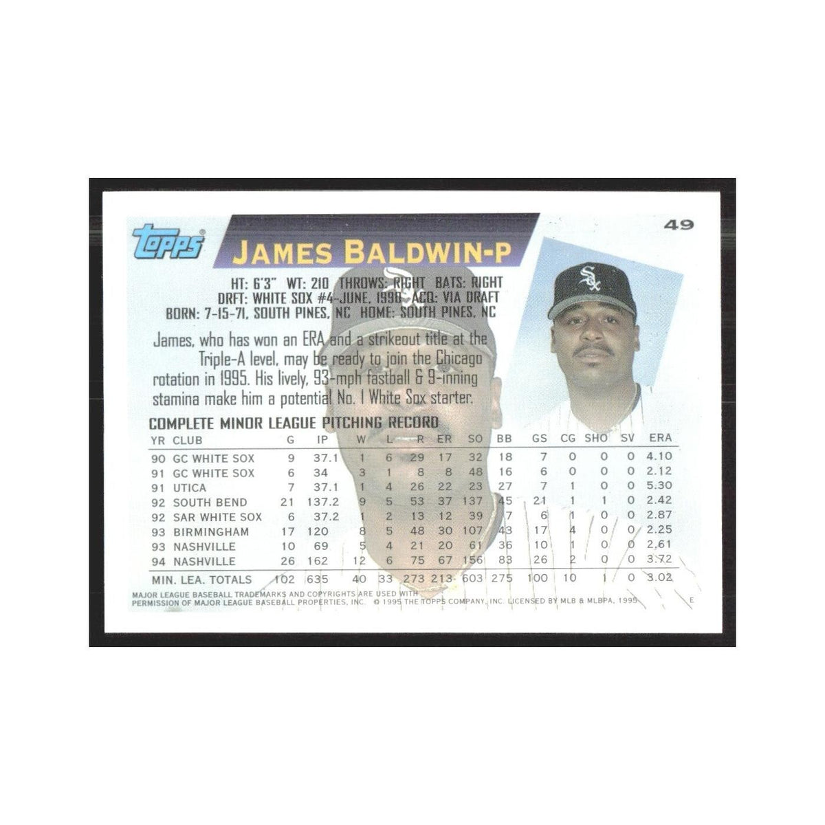 1995 Topps James Baldwin White Sox #49