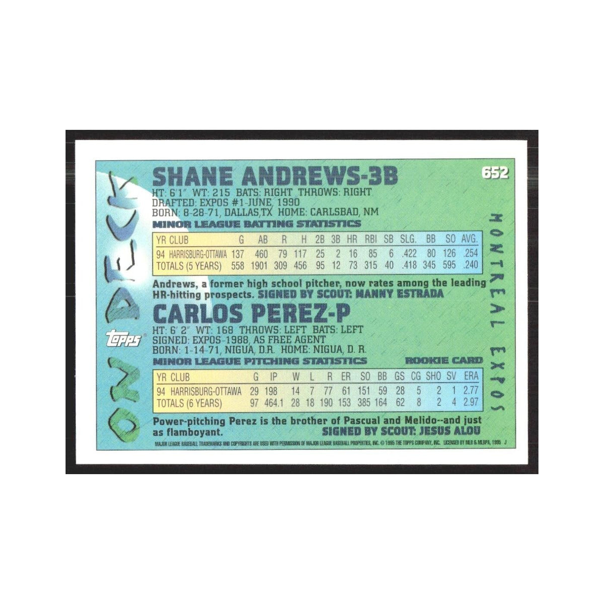 1995 Topps Shane Andrews/Carlos Perez Montreal Expos #652