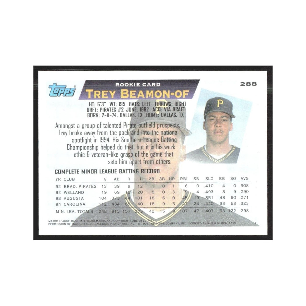1995 Topps Trey Beamon RC Pirates #288