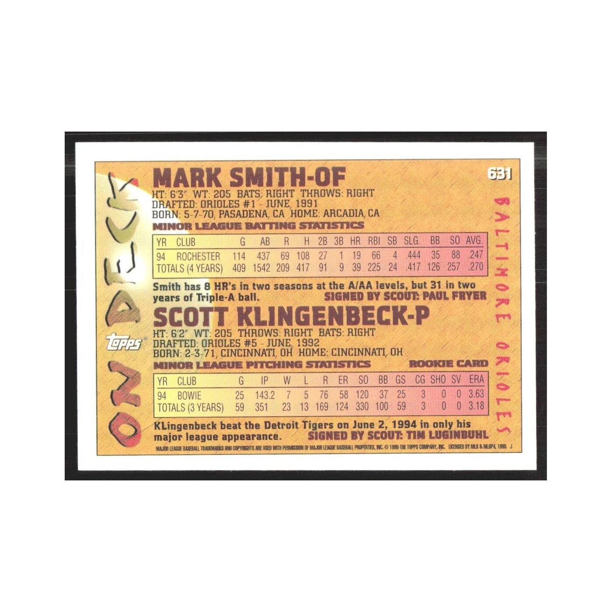 1995 Topps Mark Smith/Scott Klingenbeck Orioles #631