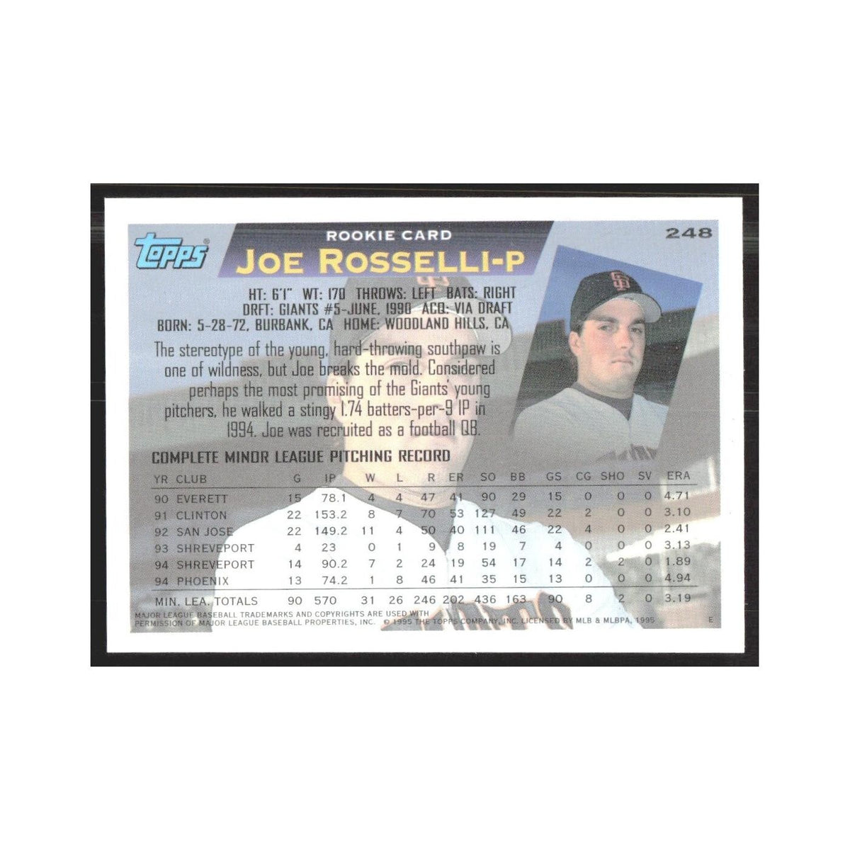 1995 Topps Joe Rosselli RC Giants #248