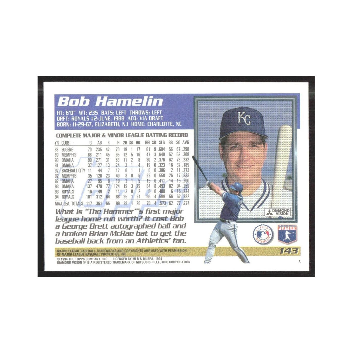1995 Topps Bob Hamelin Royals #143