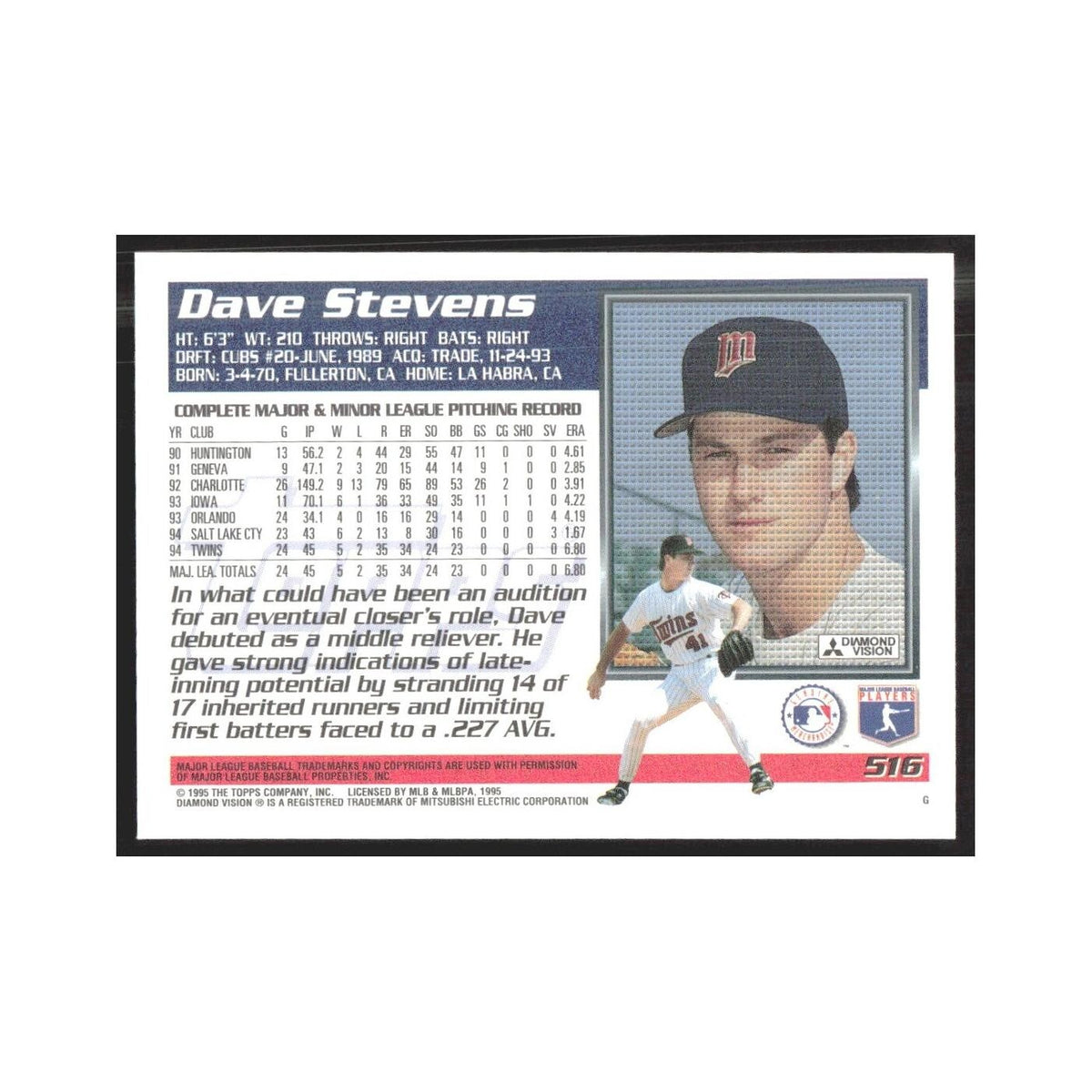 1995 Topps Dave Stevens Minnesota #516