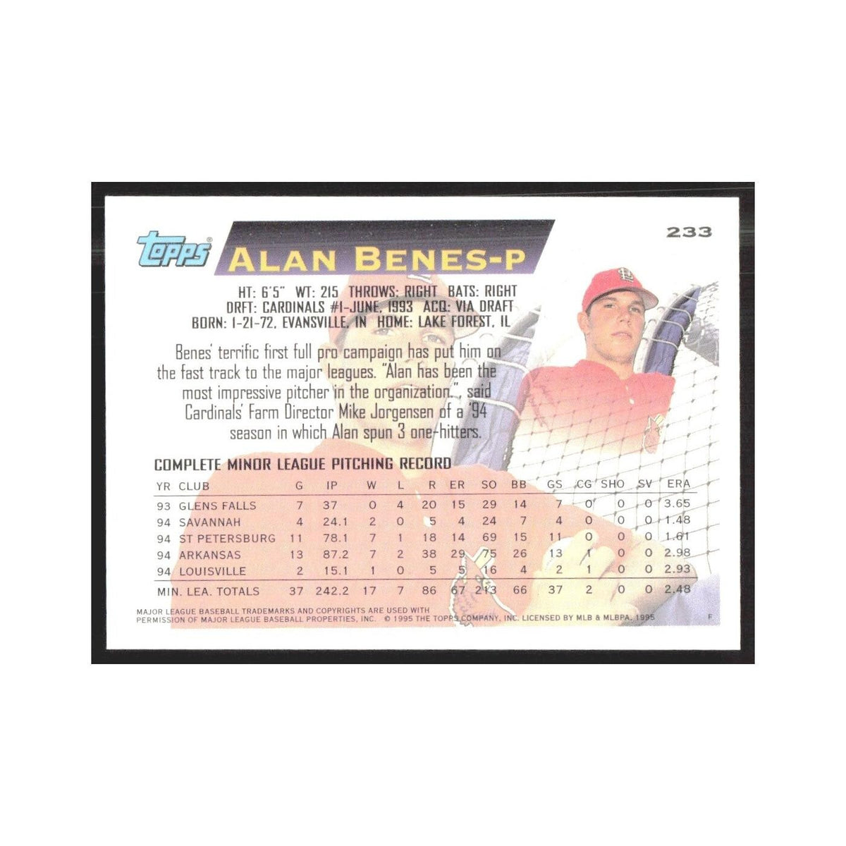 1995 Topps Alan Benes Cardinals #233
