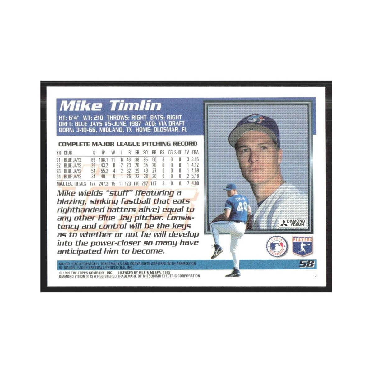1995 Topps Mike Timlin Blue Jays #58