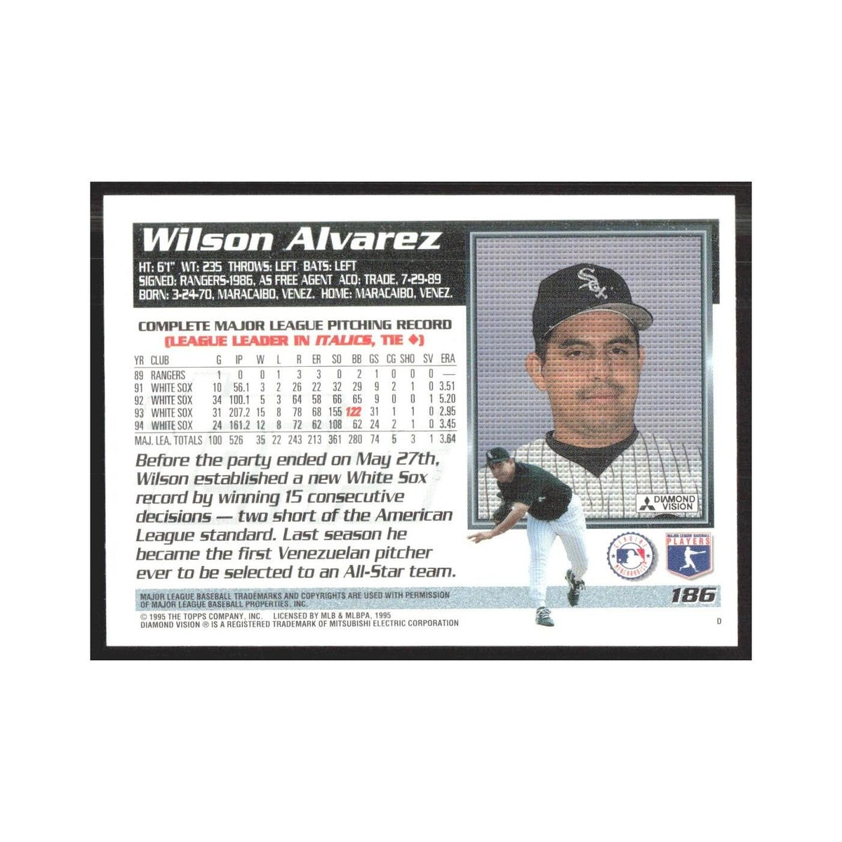 1995 Topps Wilson Alvarez White Sox #186