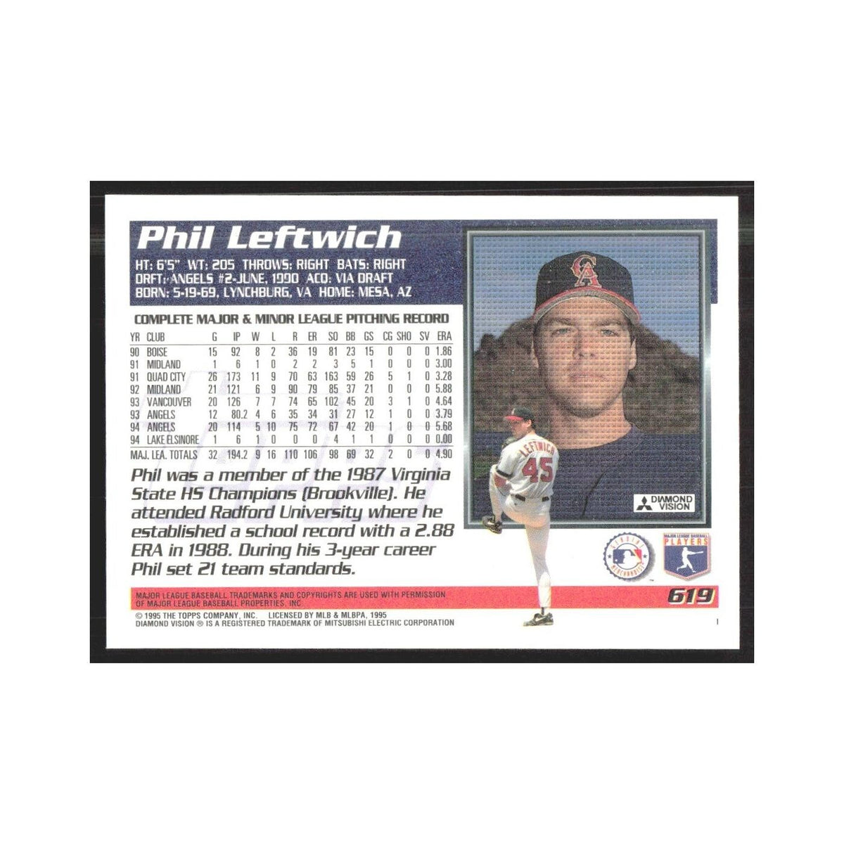 1995 Topps Phil Leftwich Angels #619