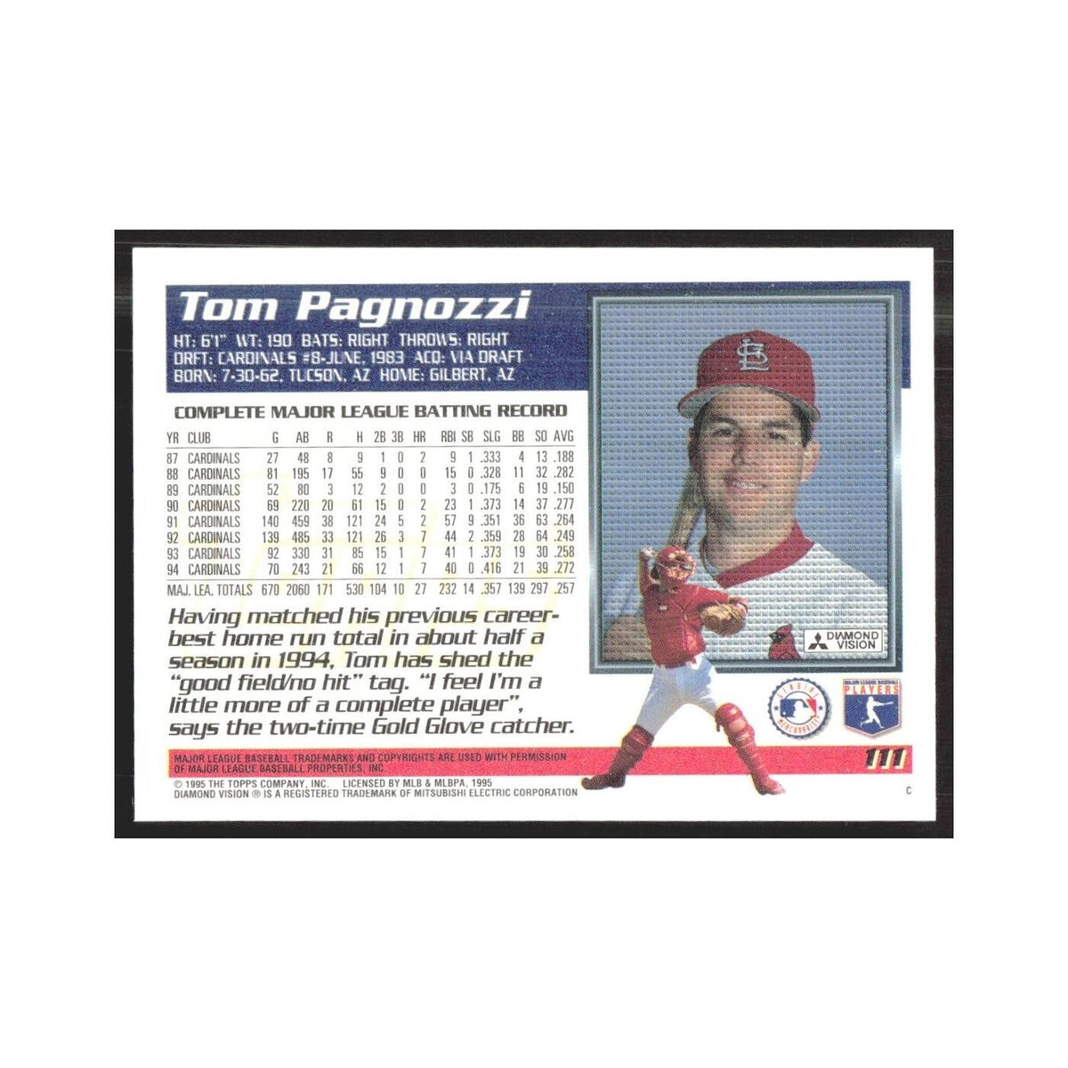 1995 Topps Tom Pagnozzi Cardinals #111