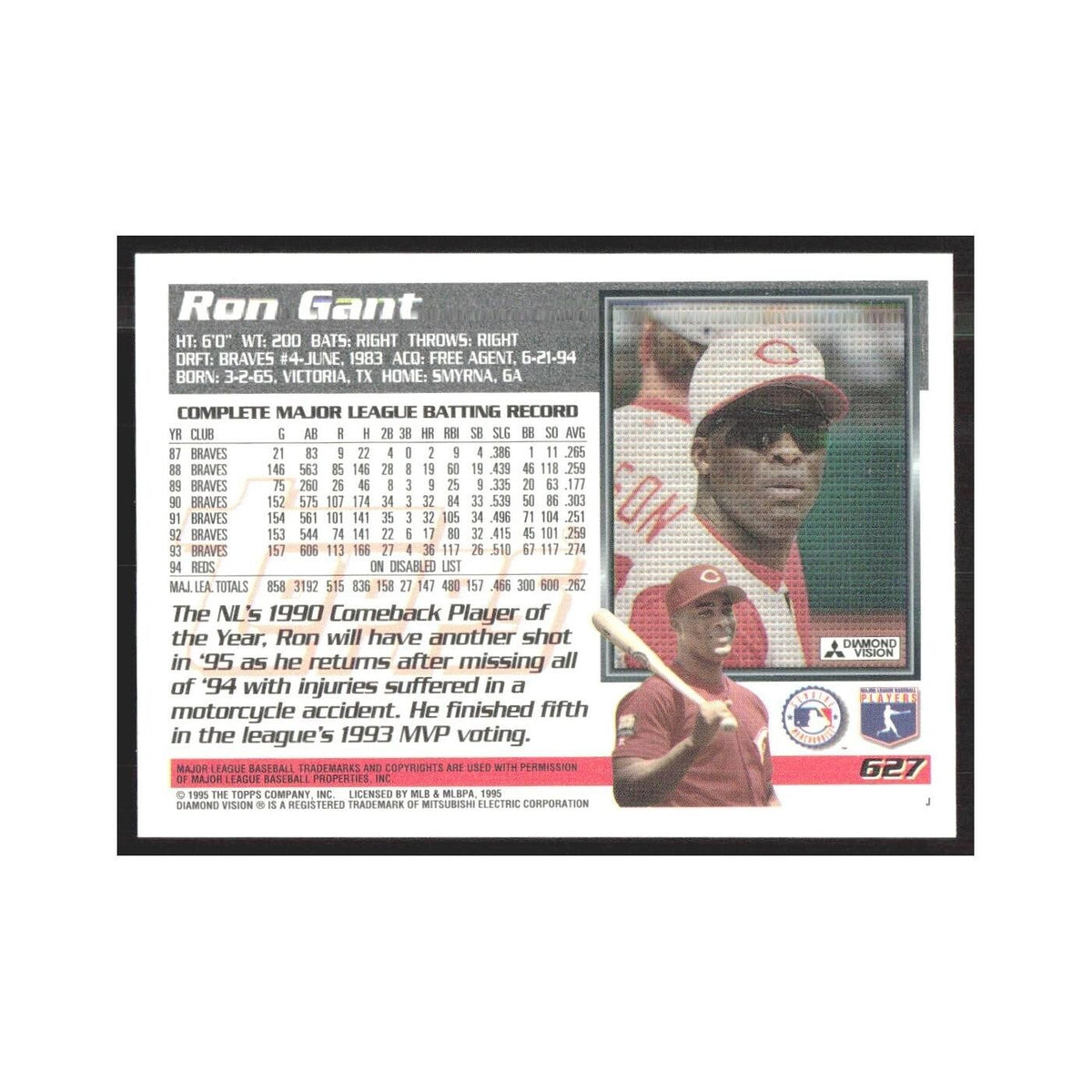 1995 Topps Ron Gant Reds #627