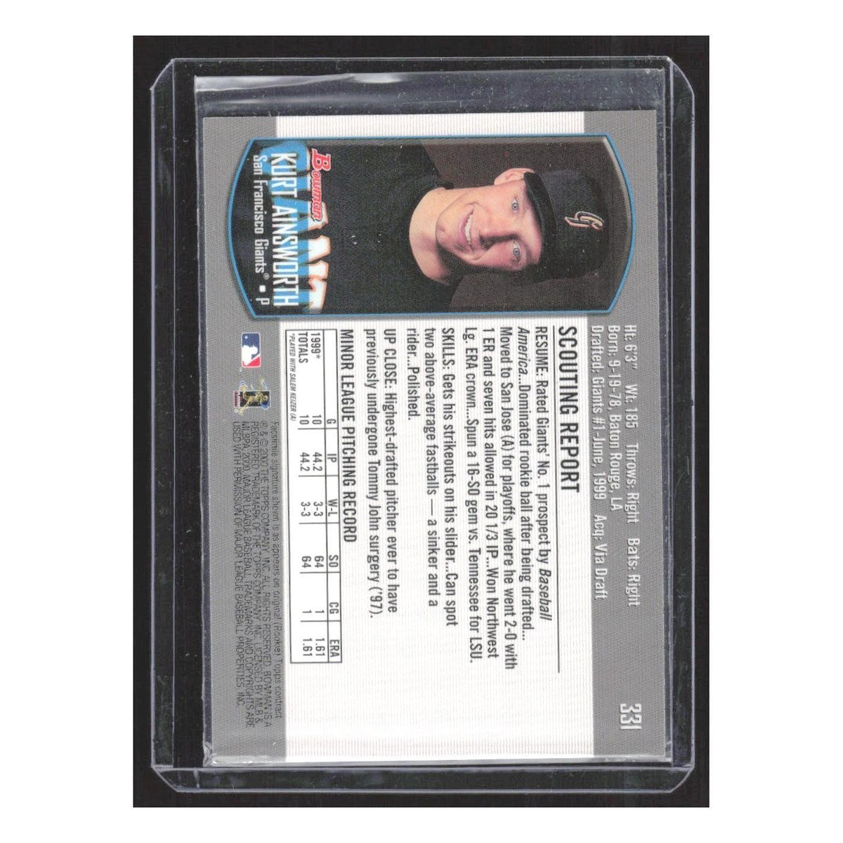 2000 Bowman Kurt Ainsworth RC Giants #331