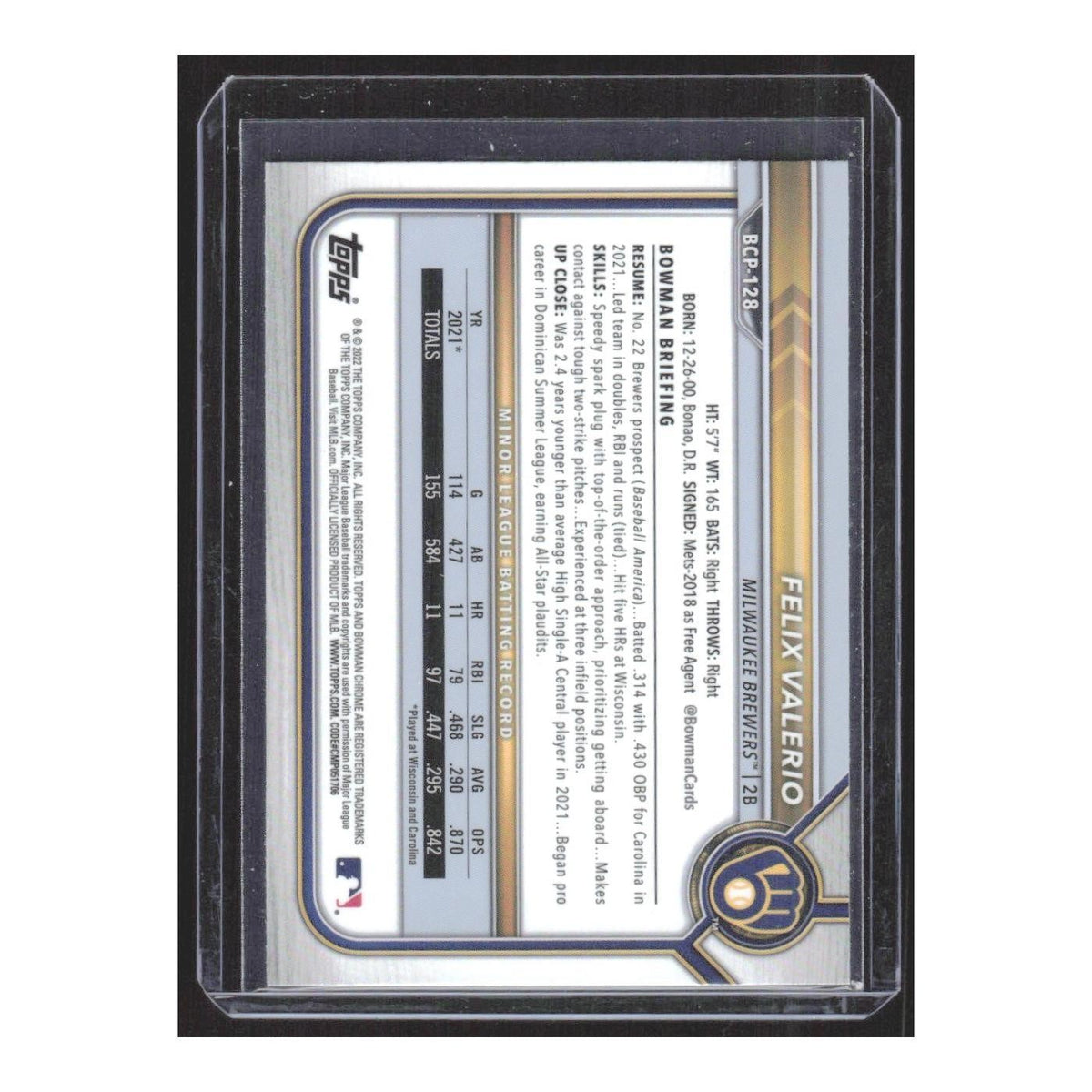 2022 Bowman Sapphire Edition Felix Valerio Brewers #BCP-128