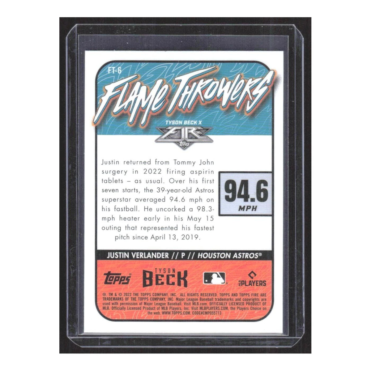 2022 Topps Fire Flame Throwers Justin Verlander Astros #FT-6
