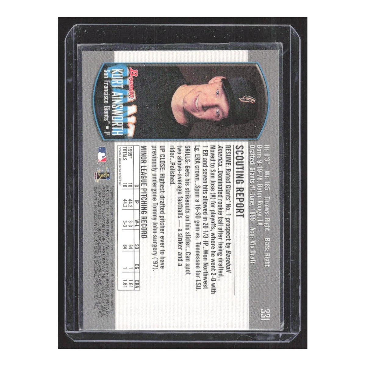 2000 Bowman Kurt Ainsworth RC Giants #331