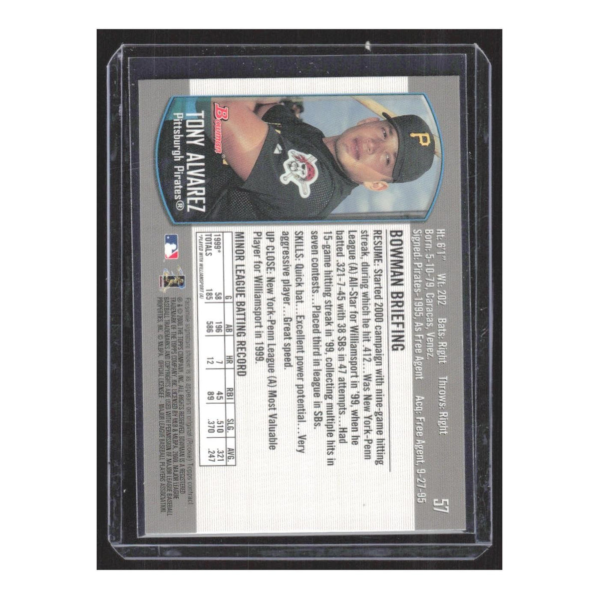 2000 Bowman Tony Alvarez Hickory Crawdads #57