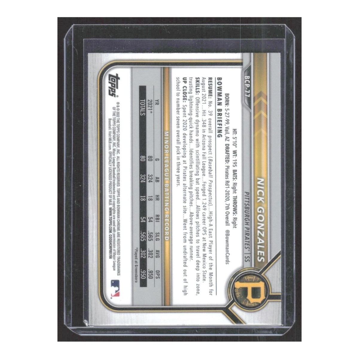 2022 Bowman Sapphire Edition Nick Gonzales Pirates #BCP-77