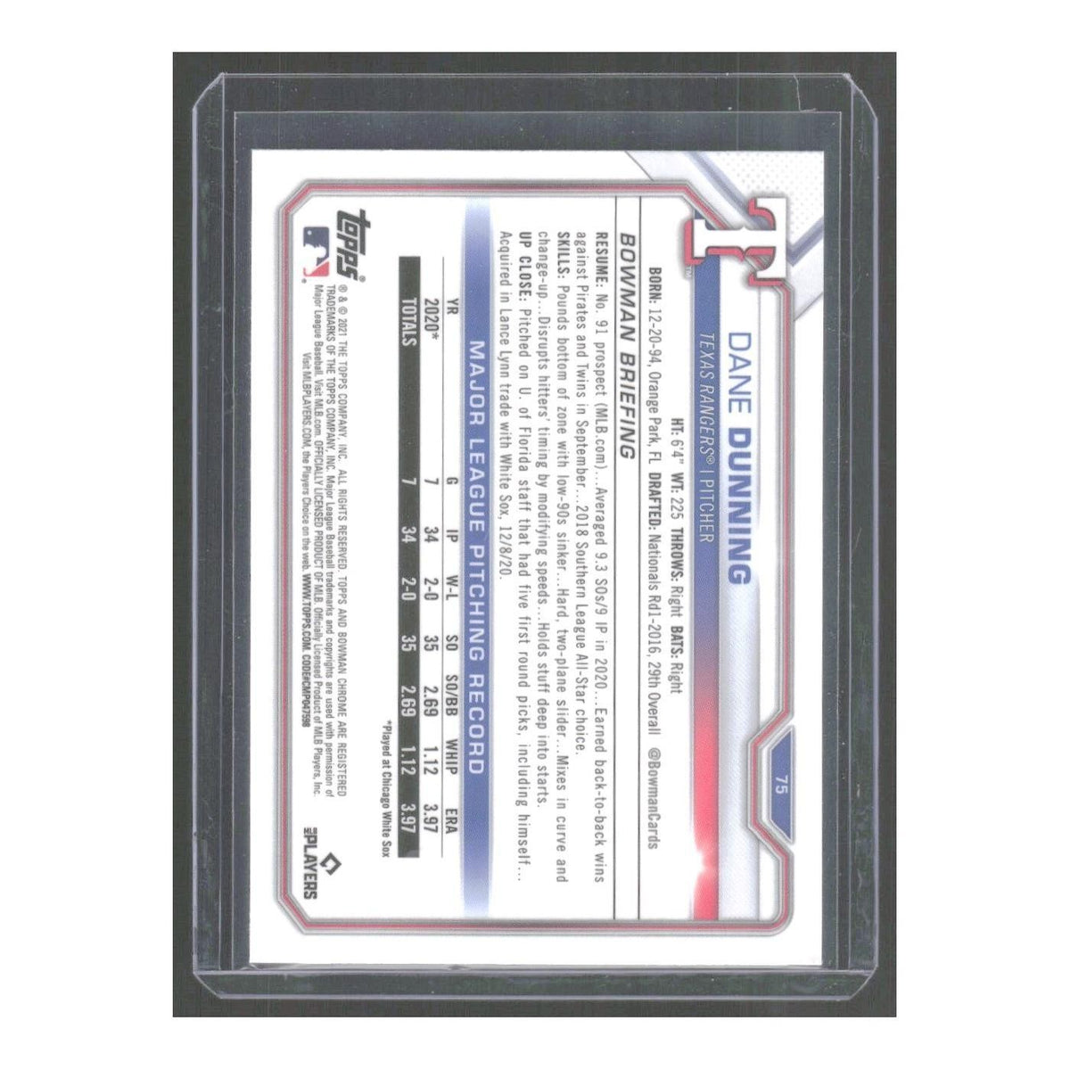 2021 Bowman Chrome Dane Dunning RC Rangers #75