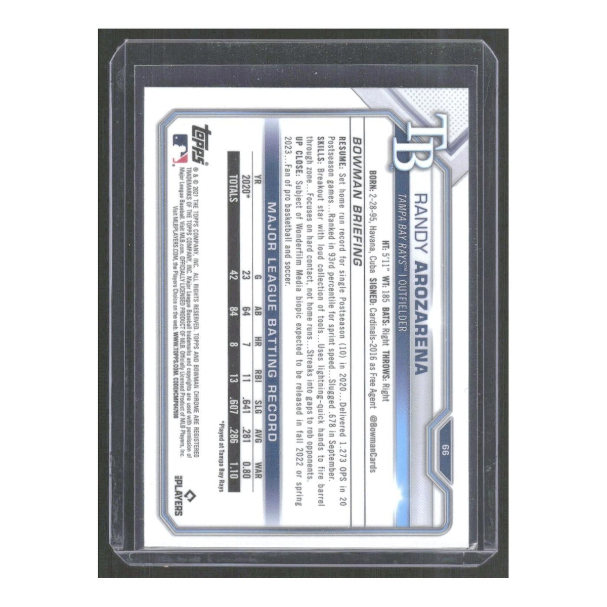 2021 Bowman Chrome Randy Arozarena Rays #66