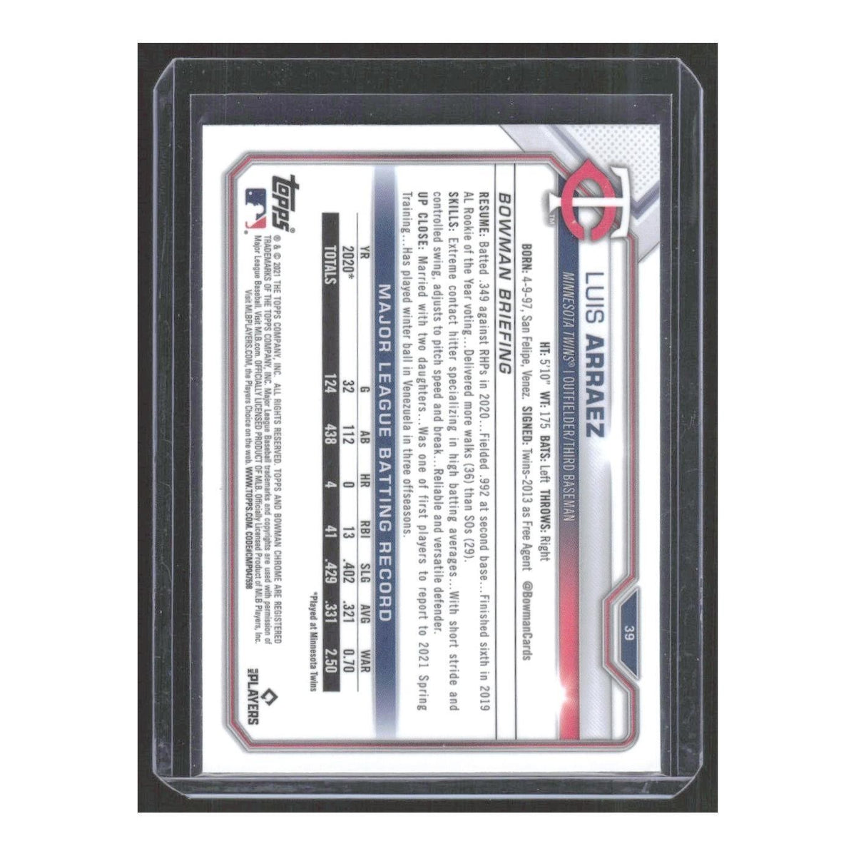 2021 Bowman Chrome Luis Arraez Twins #39