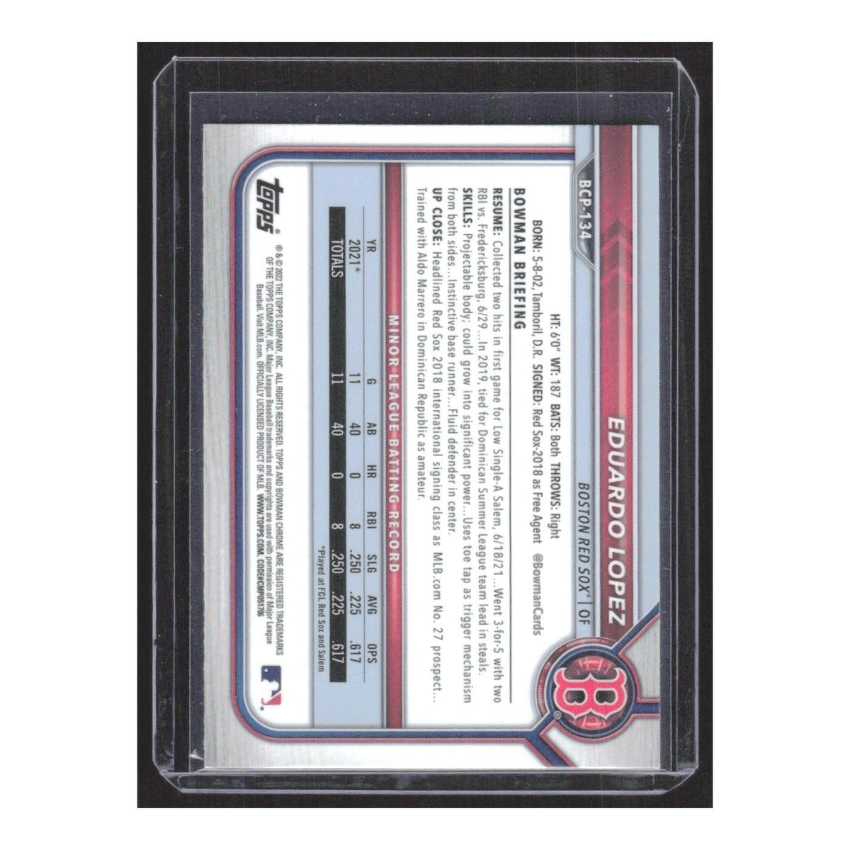 2022 Bowman Chrome Eduardo Lopez Red Sox #BCP-134