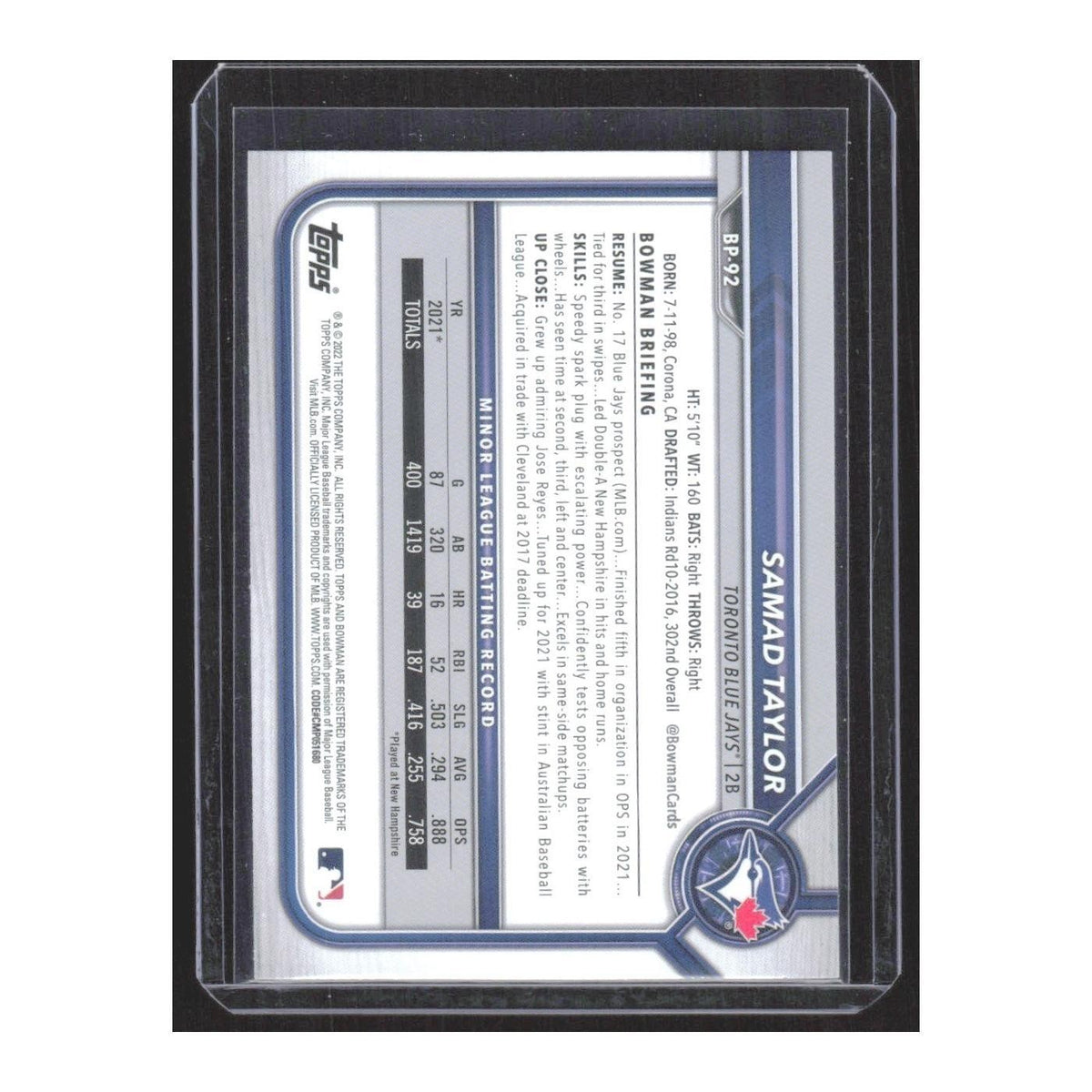 2022 Bowman Prospects Samad Taylor Blue Jays #BP-92