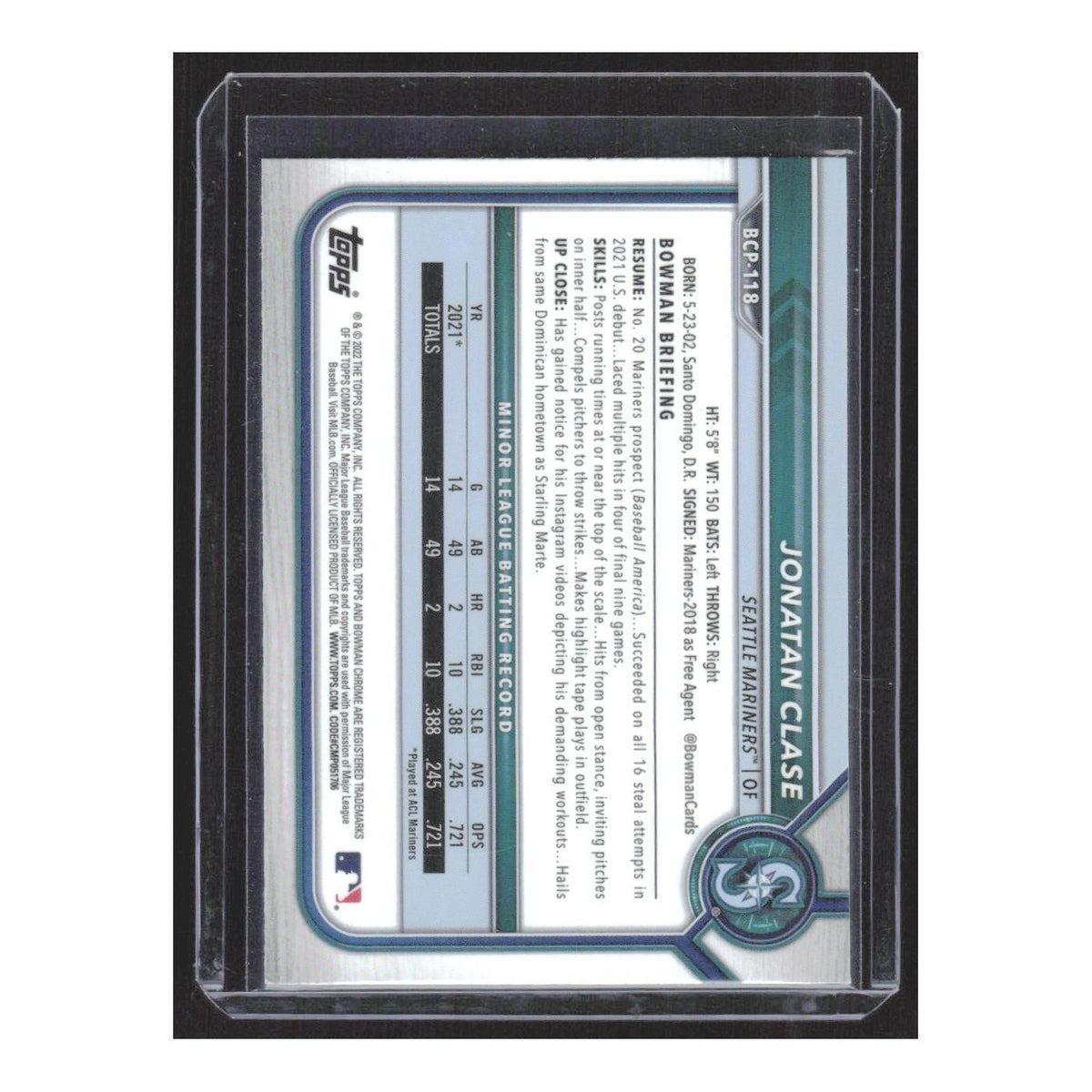 2022 Bowman Chrome Jonatan Clase Mariners #BCP-118