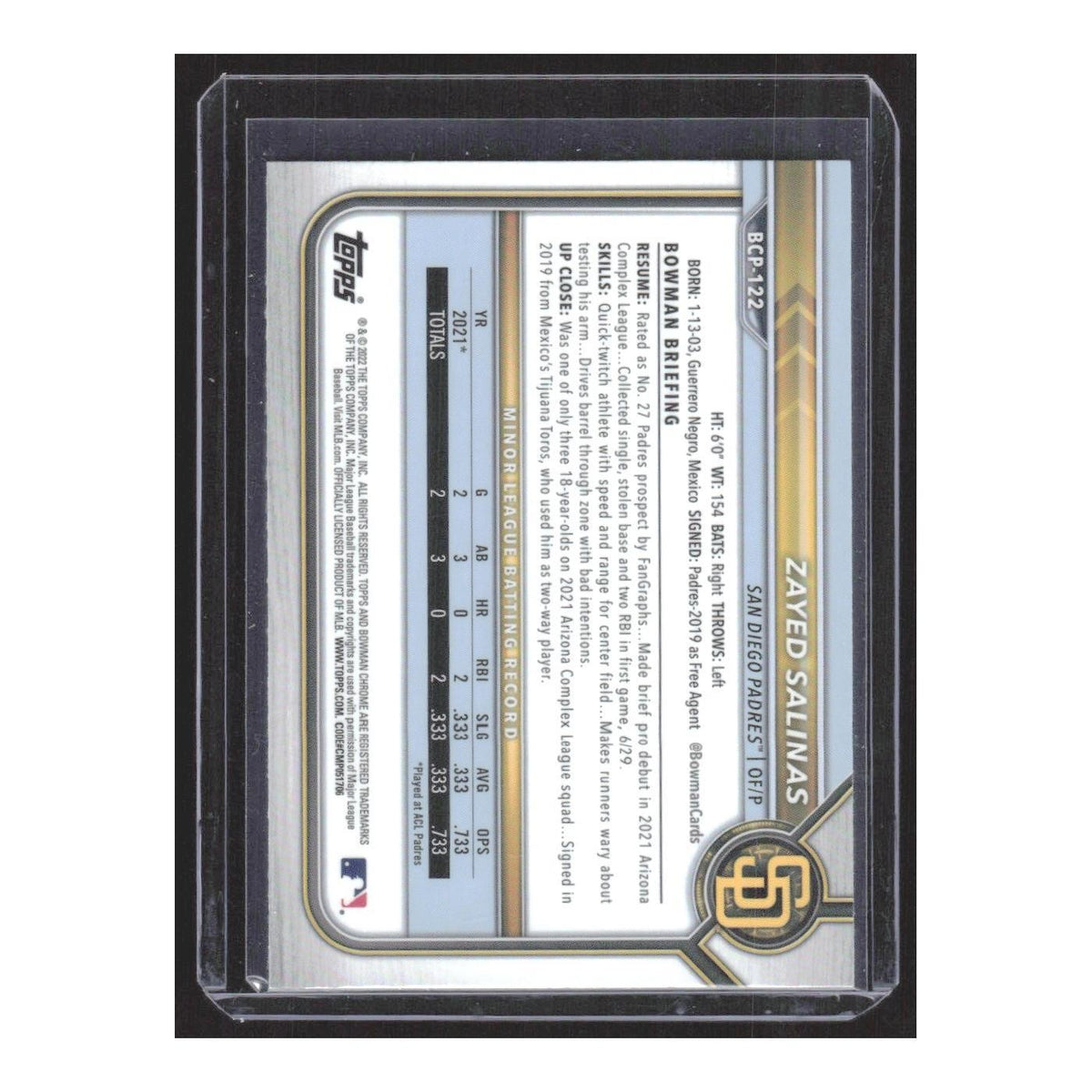 2022 Bowman Chrome Zayed Salinas Padres #BCP-122