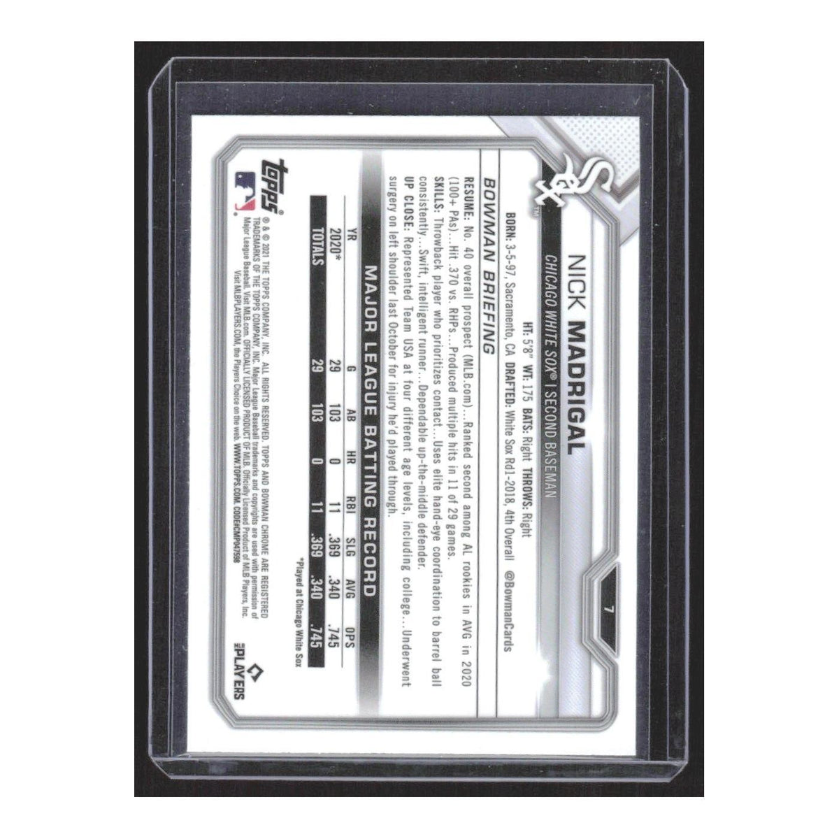 2021 Bowman Chrome Nick Madrigal White Sox #7