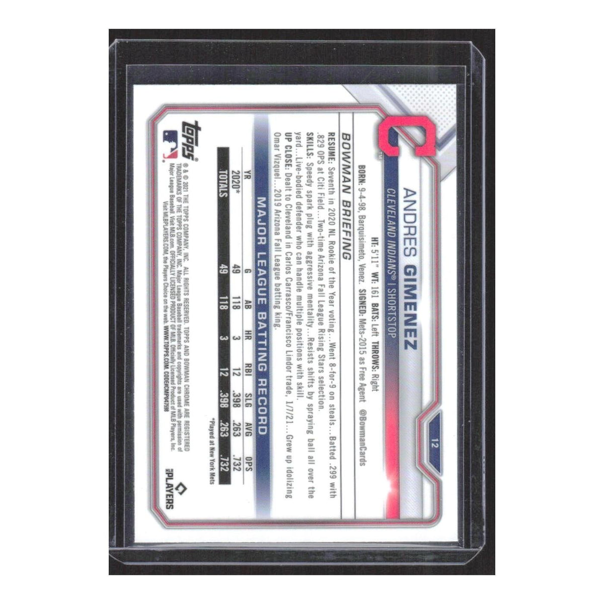 2021 Bowman Chrome Andres Gimenez RC Indians #12