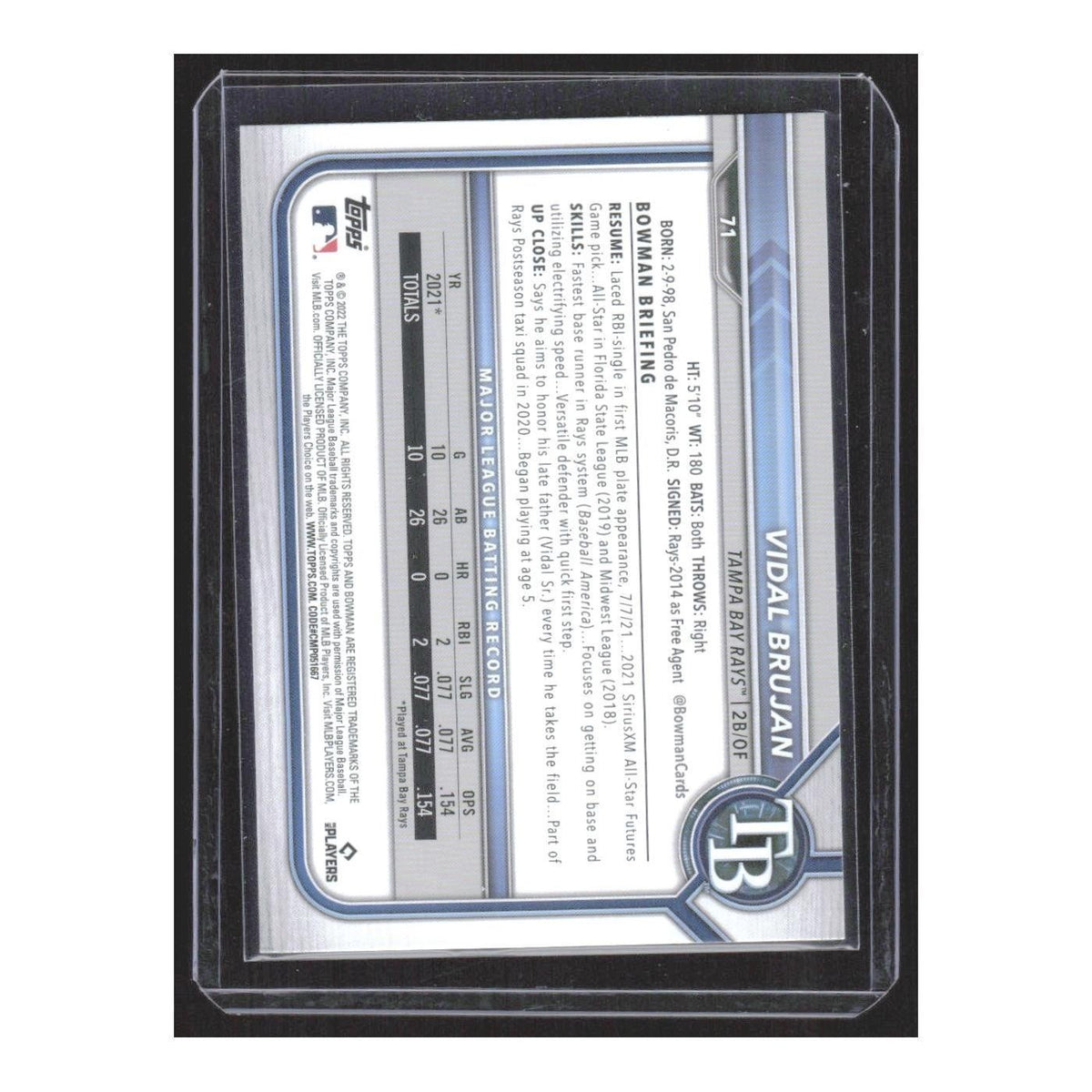 2022 Bowman Vidal Brujan RC Rays #71
