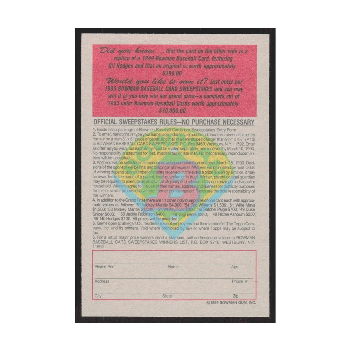 1989 Bowman Gil Hodges Brooklyn Dodgers #nan