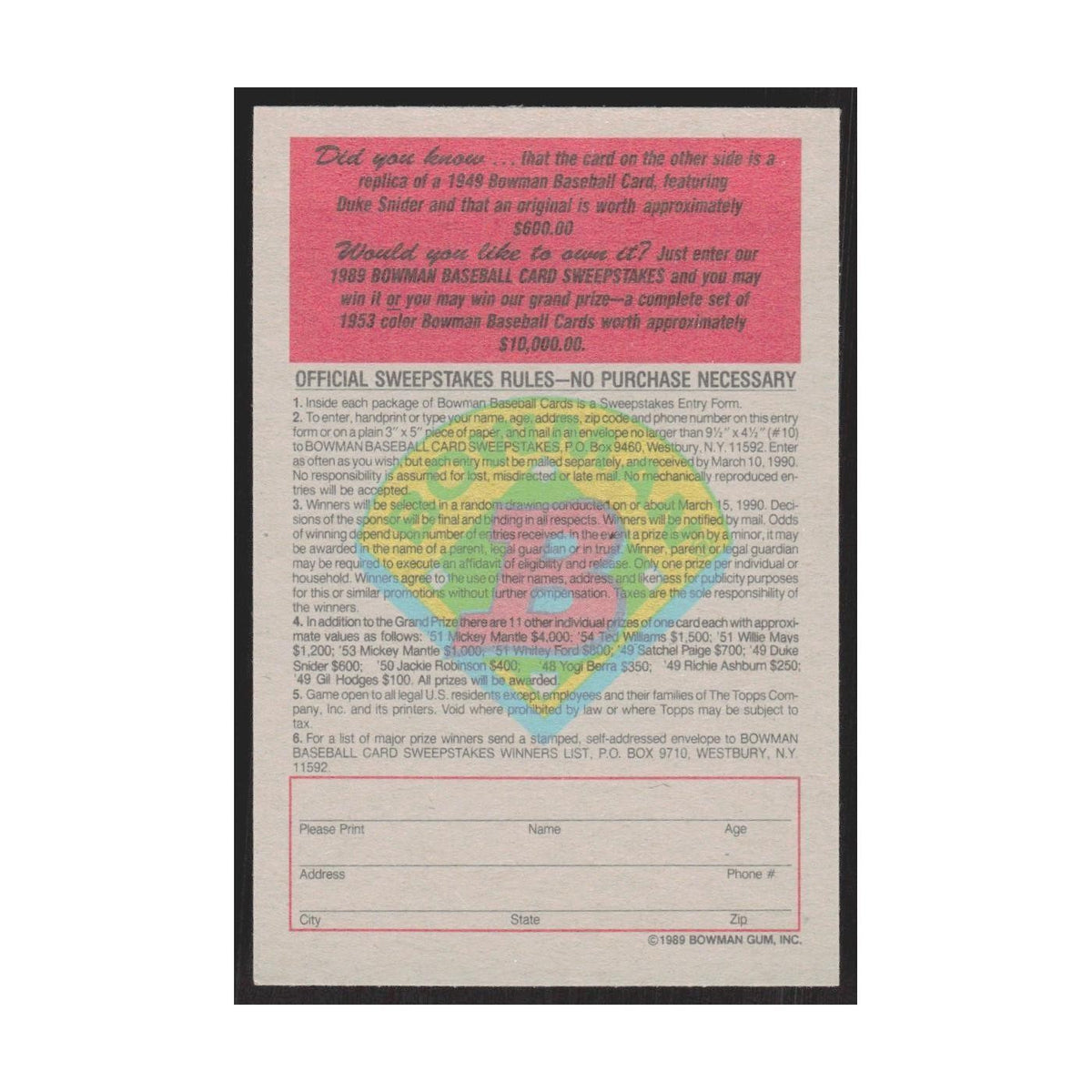 1989 Bowman Edwin Duke Snider Brooklyn Dodgers #nan