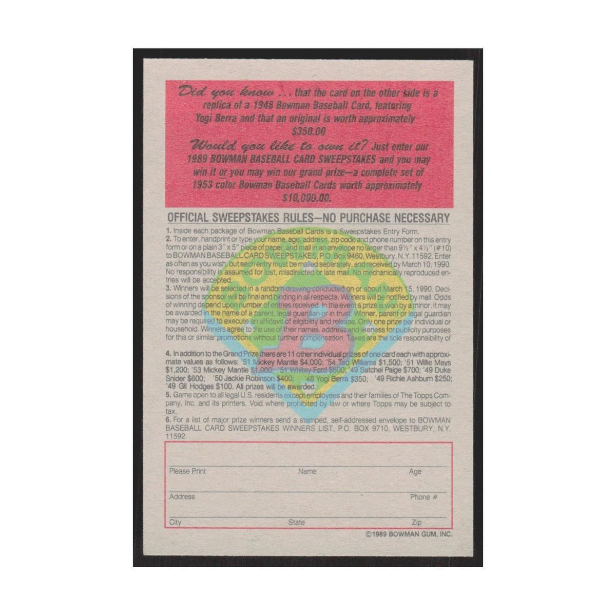 1989 Bowman Yogi Berra Yankees #nan