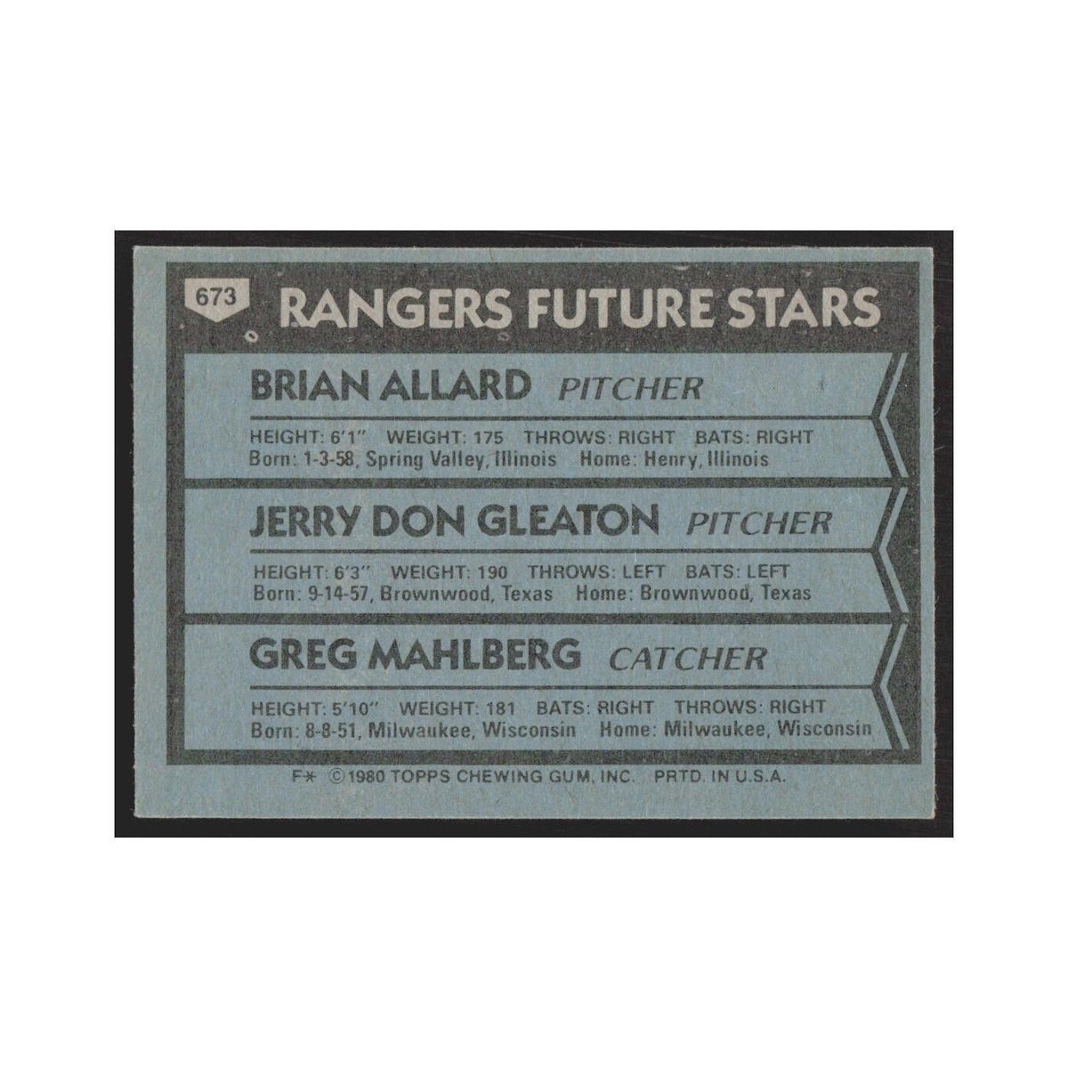 1980 Topps Brian Allard/Jerry Don Gleaton/Greg Mahlberg Rangers #673