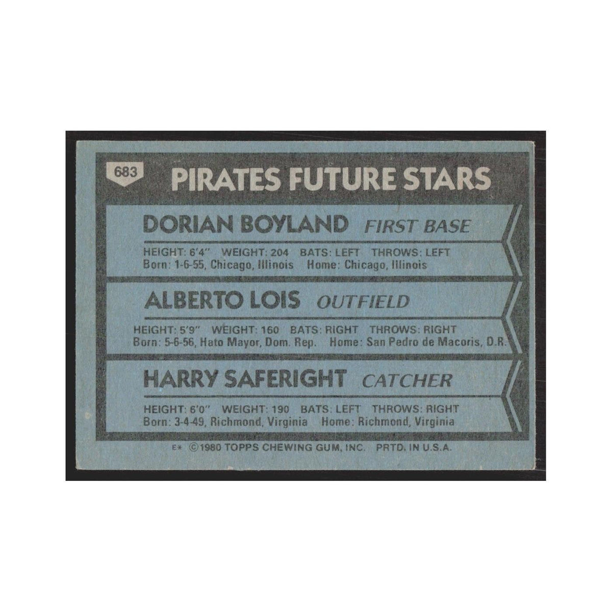 1980 Topps Dorian Boyland/Alberto Lois/Harry Saferight Pirates #683