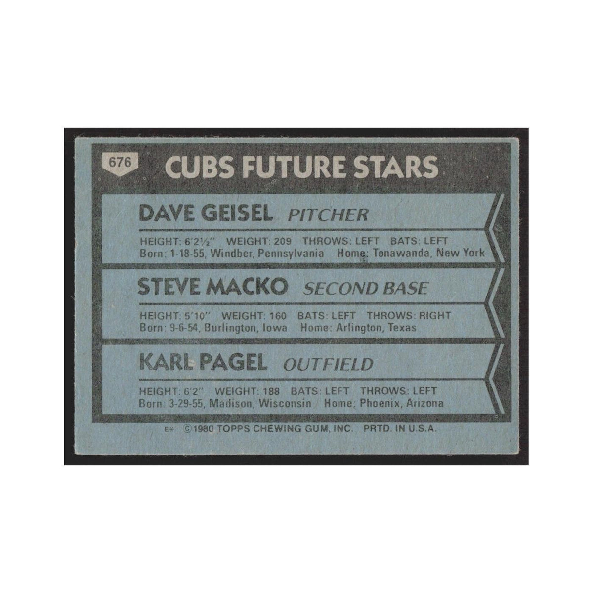 1980 Topps Dave Geisel/Steve Macko/Karl Pagel Cubs #676