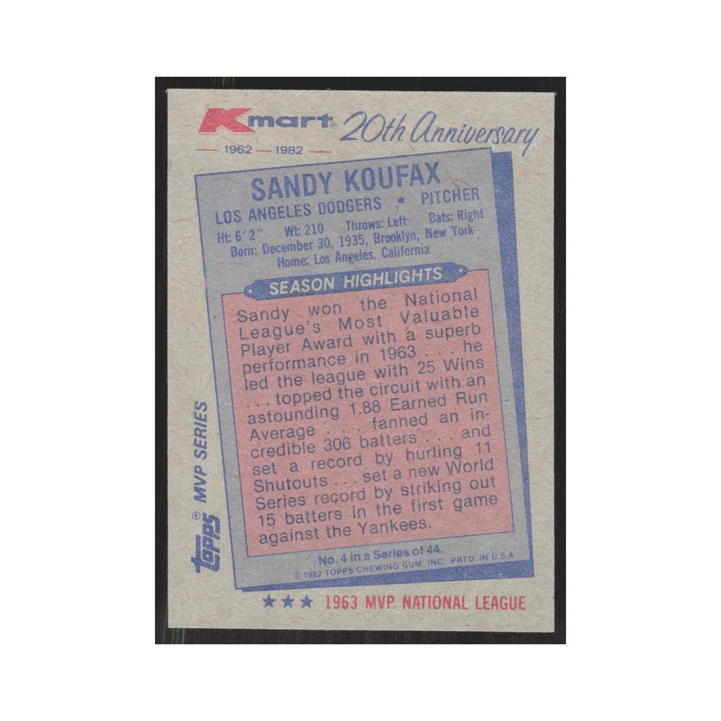1982 Topps Kmart Sandy Koufax Dodgers #4